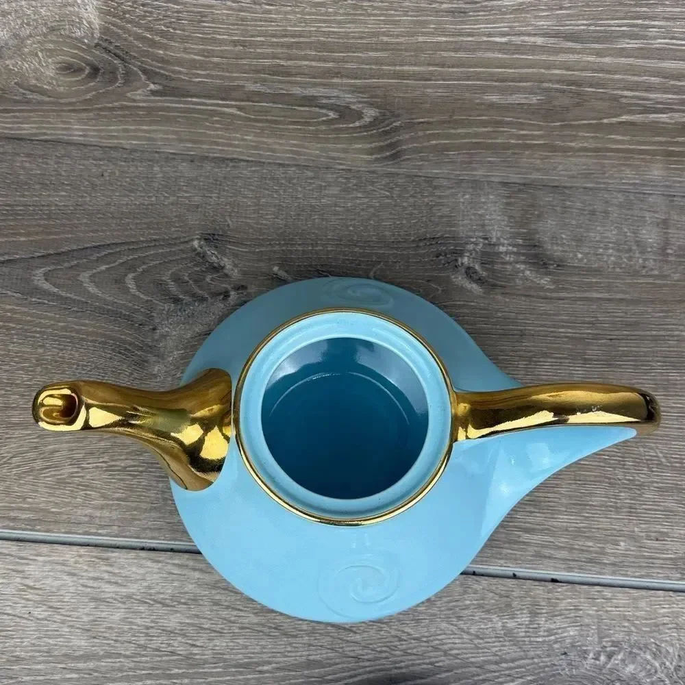 Pearl China Co Robins Egg Blue 22 kt Gold Trim Vtg Swirl Aladdin Decor Teapot